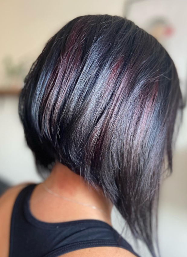 A Line Bob With Red Highlights For Black Hair