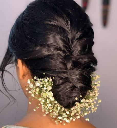 Asian Braided Bun with Flowers Asian Hairstyle with Highlights Look