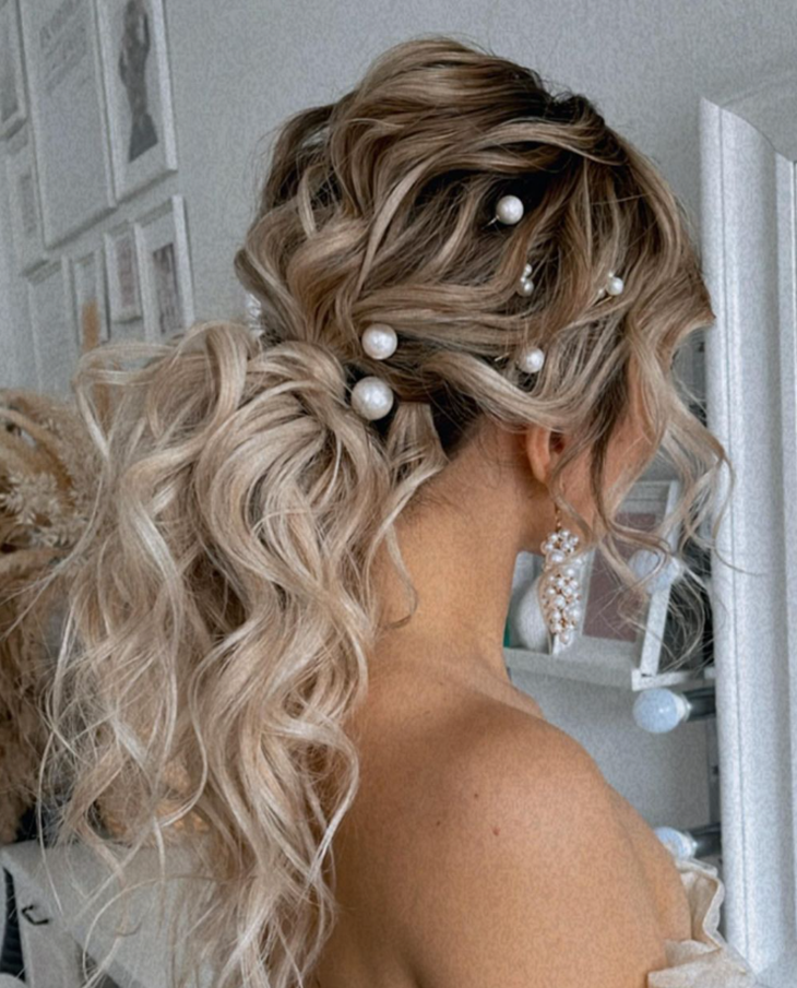 Beads With Messy Ponytail Bridesmaids Hairstyle For Medium Length Hair