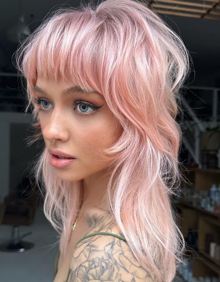 Beautiful Pink Shag Asian Medium Hairstyle