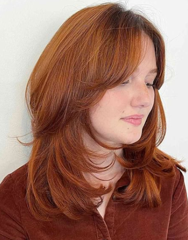 Copper Red Feather Medium Length Layered Hairstyle