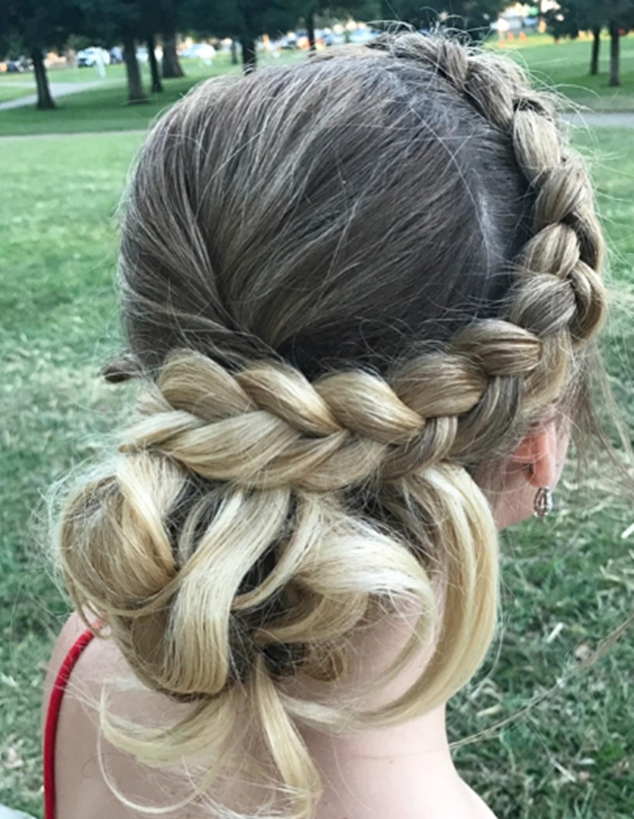 French Side Braid Loose Low Bun Homecoming Hairstyle