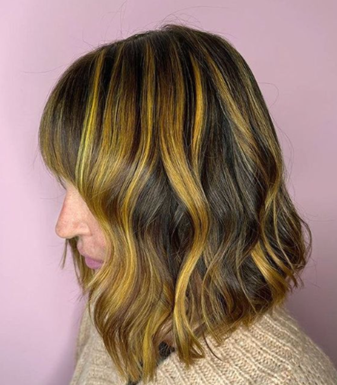 Front Bangs With Yellow Highlights Top Balayage For Dark Hair