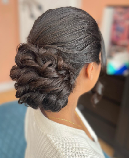 Indian Formal Twisted Bun hairstyle Asian Hairstyle with Highlights look