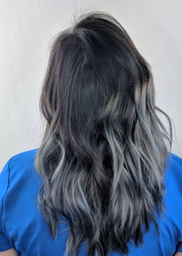 Medium Length Silver Shaded Top Balayage For Dark Hair