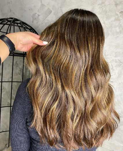 Roots Blended With A Caramel Balayage For Dark Hair
