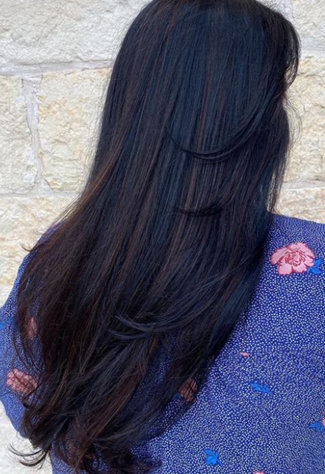 Silky Shiny Layered Black Hair With Highlight