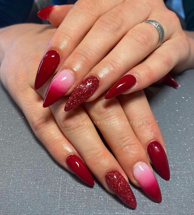 glittering red nails design