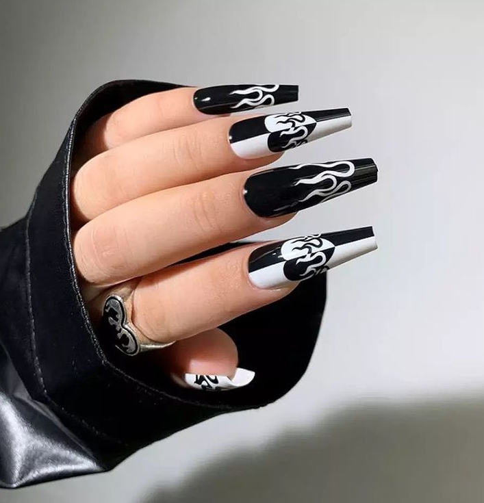 black and white flams on nails