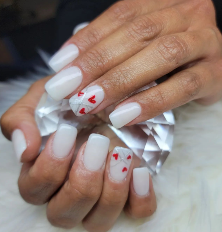 Hearts Crystal White Nails With Design