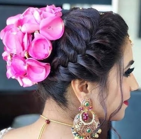Braided Bun with Roses Hairstyle for Indian Wedding Function