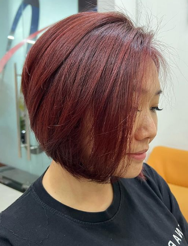 Burgundy Color Short Hairstyle For Asian Women