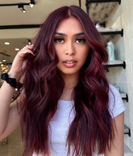 Center Partition Brown Hair With Red Highlights