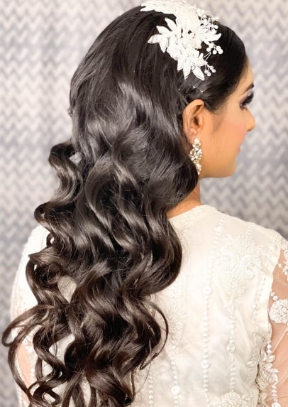 Classic Curly Hair Do with White Flower Hairstyle for Indian Wedding Function
