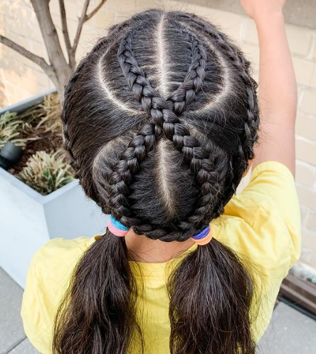 Cross-over Dutch braids and suspended infinity braids hairstyles for girls