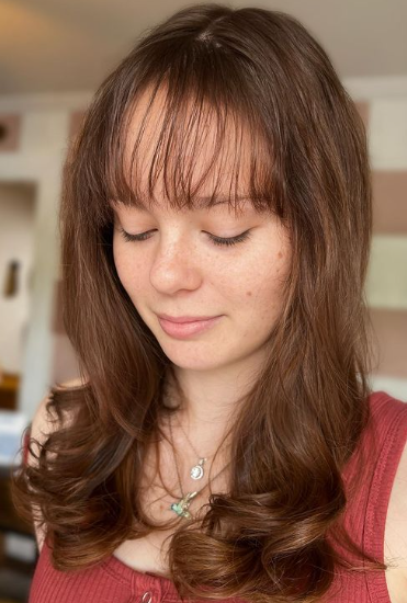 Curly Edges Brunette With Wispy Bangs Hairstyle