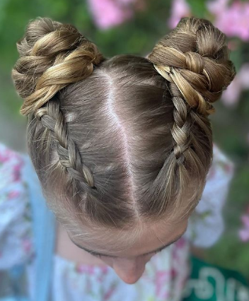 Dutch braids and space buns Cute hairstyle for girls