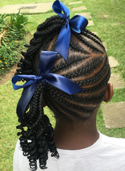 End Curls With Side Ribbons Cornrow Hairstyle For Black Kids