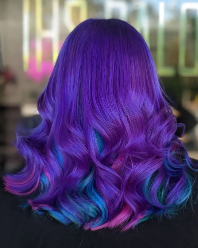 Feathered Curls With Blue And Purple Hair Ideas