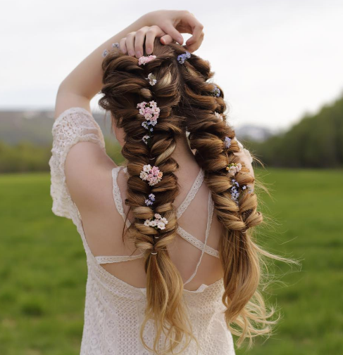 Flower Pin Two Braids Hairstyle
