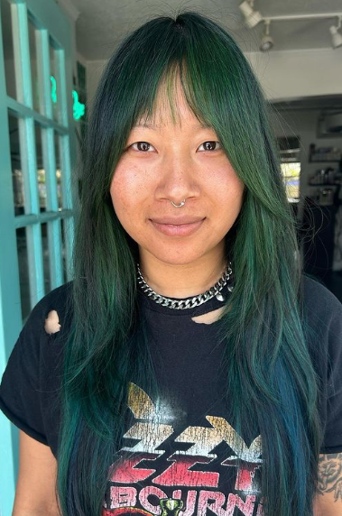 Green And Blue Balayage Shag Cut Wispy Bangs Hairstyle