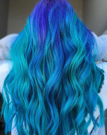 Long Curls With Blue And Purple Hair Ideas