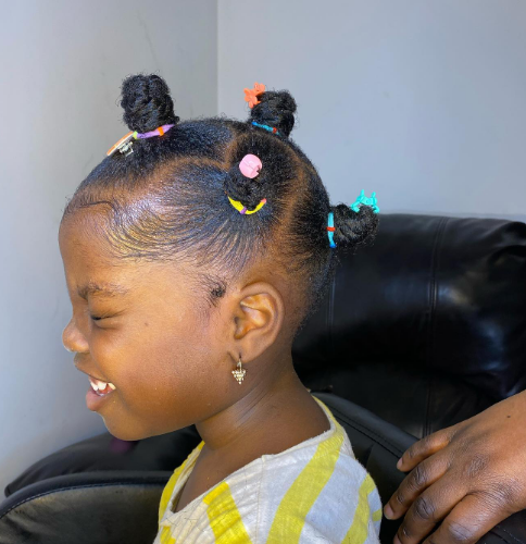 Multiple Bun Natural Hairstyle For Black Kids With Short Hair
