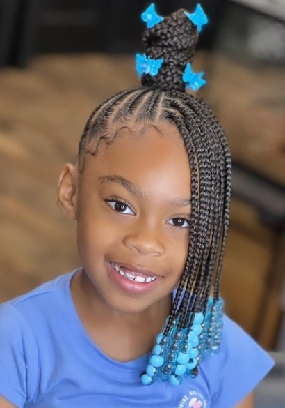 One Sided Braided Bun Braids And Beads Hairstyle For Kids