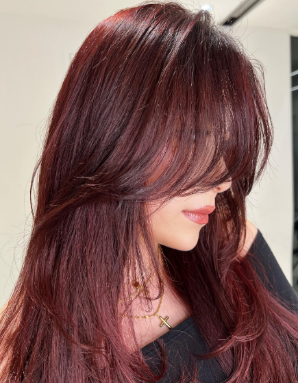 Rich Red Fringe Layered Hairstyle