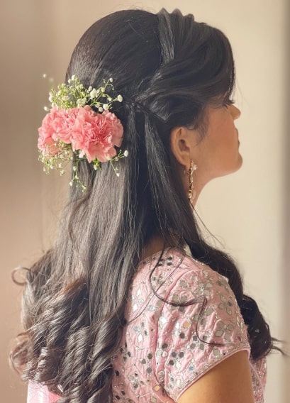 Side Twisted with Curly Ends Hairstyle for Indian Wedding Function