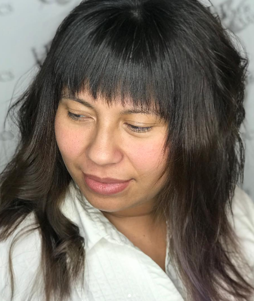 Textured Lob With Straight Fringe Wispy Bangs Hairstyle