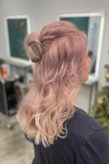 Wavy Pastel Pink Half Up Half Down Hairstyle