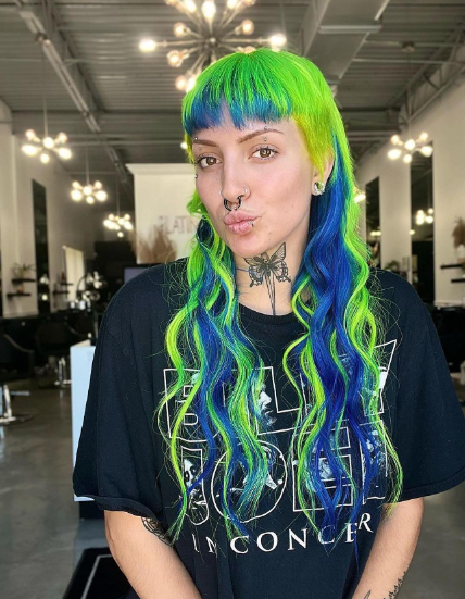 Bangs With Blue And Green Wavy Long Hairstyle 