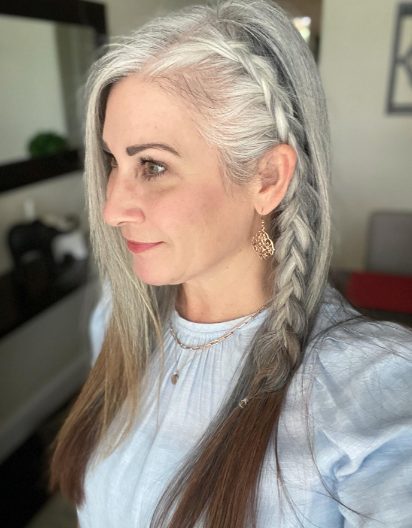 Beautiful Side Braid Long Gray Hair Hairstyle
