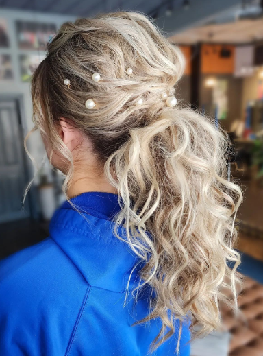 Blonde Updo With Pearls Messy Ponytail Hairstyle