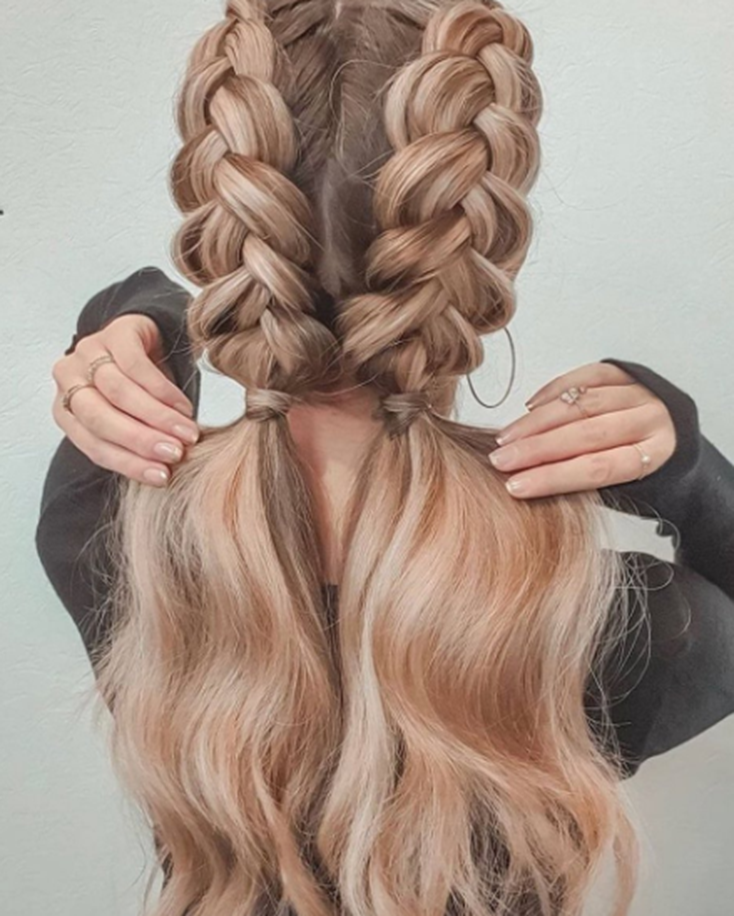 Braided Twin Ponytail Blonde Balayage Hairstyle Ideas