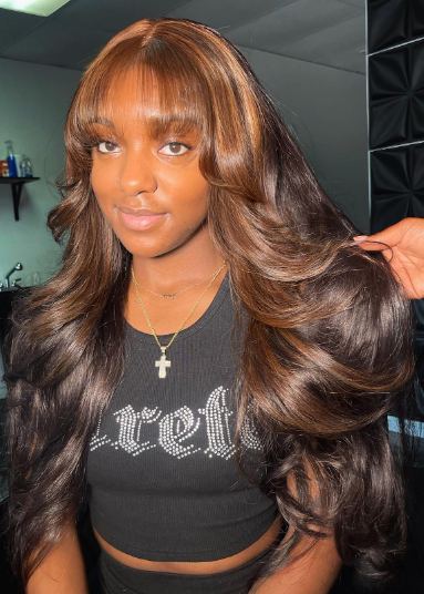 Brown Highlighted Long Hair With Bangs