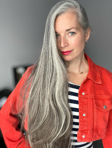 Casual Side Part Long Gray Hair Hairstyle