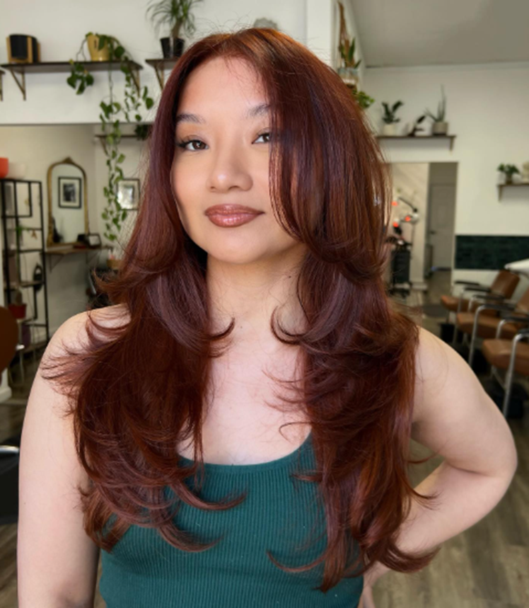 Copper Brown Layered Hairstyle For A Double Chin