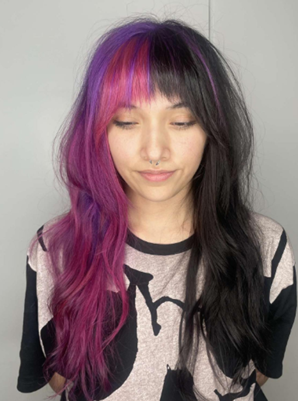 Half Side Black And Purple Fringes Ombre Hair Idea