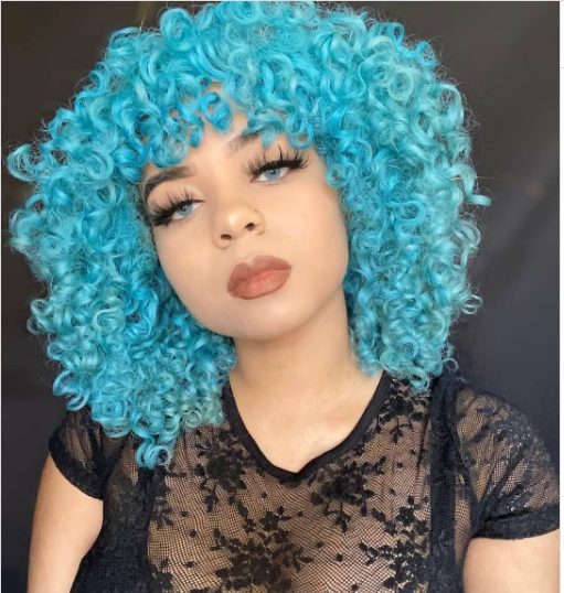 Locked Blue Short Curly Hair Style For Women.