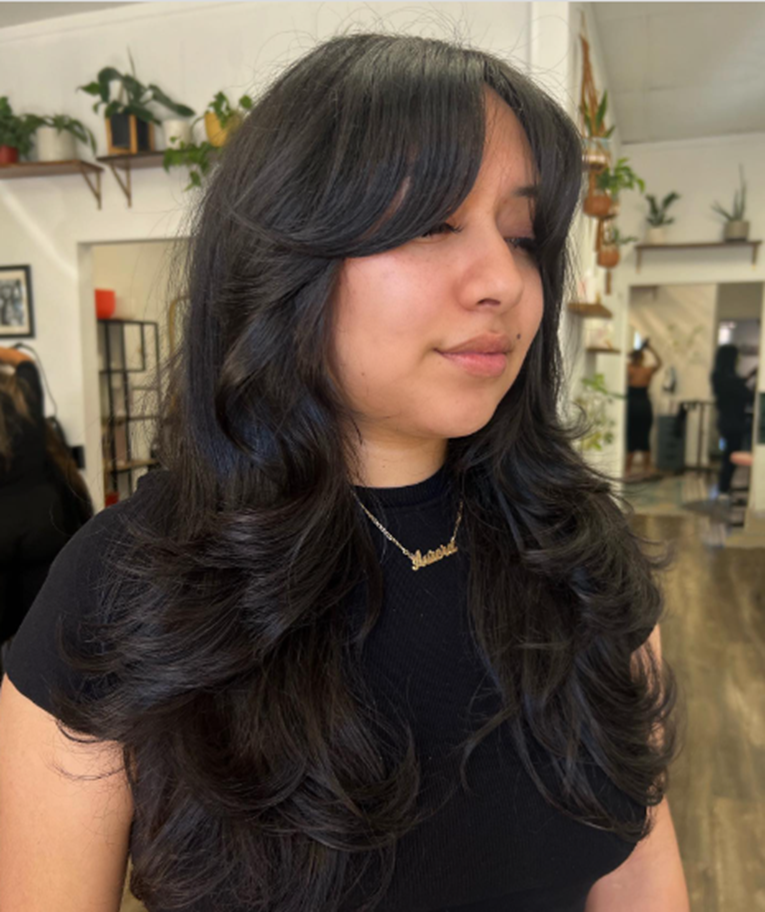 Long Layer Bangs Hairstyle For A Double Chin