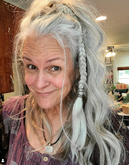 Messy Ponytail With Micro Braid Long Gray Hair Hairstyle