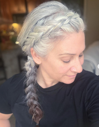 One Side Braid Long Gray Hair Hairstyle