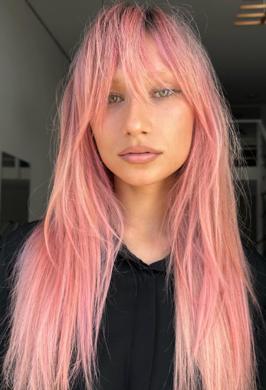 Pink Shagged Long Hair With Bangs