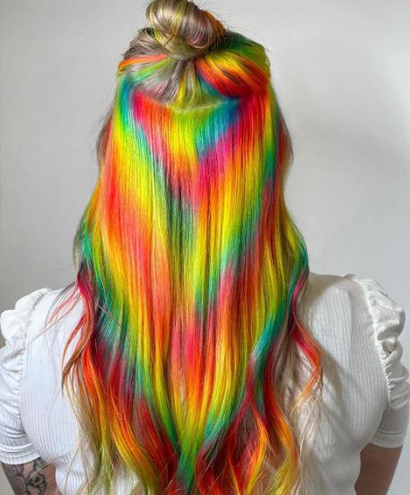 Rainbow Colored Half Up Bun Long Hairstyle For Women