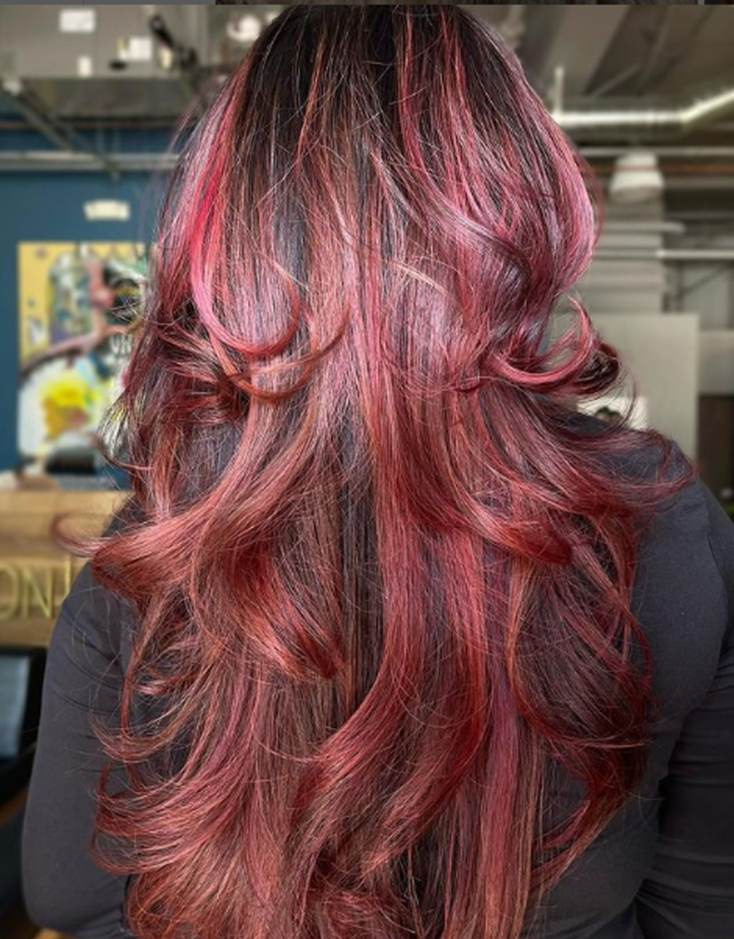 Red Wine Balayage With Curls Long Layered Hairstyle