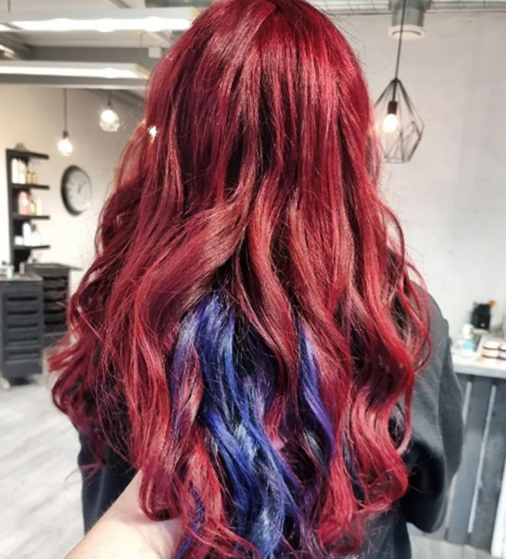 Red With Blue Curly Underneath Hair Color Peekaboo