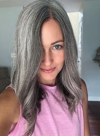 Reflective Curls Black And Grey Hair Color Idea
