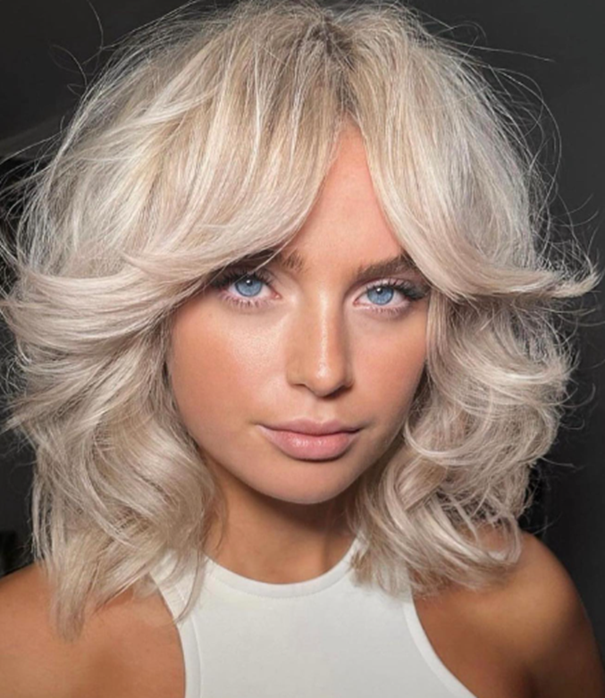 Side Bangs Curly White Blonde Balayage Hairstyle Ideas